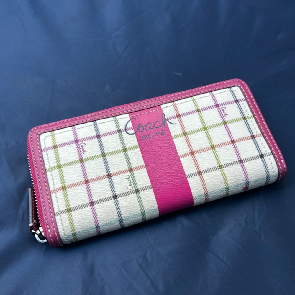 Coach Pink Trim Plaid Zip-Around Wallet